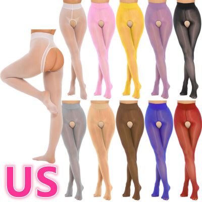 US Women's See Through Pantyhose Crotchless Pants Glossy Smooth Mid Waist Tights